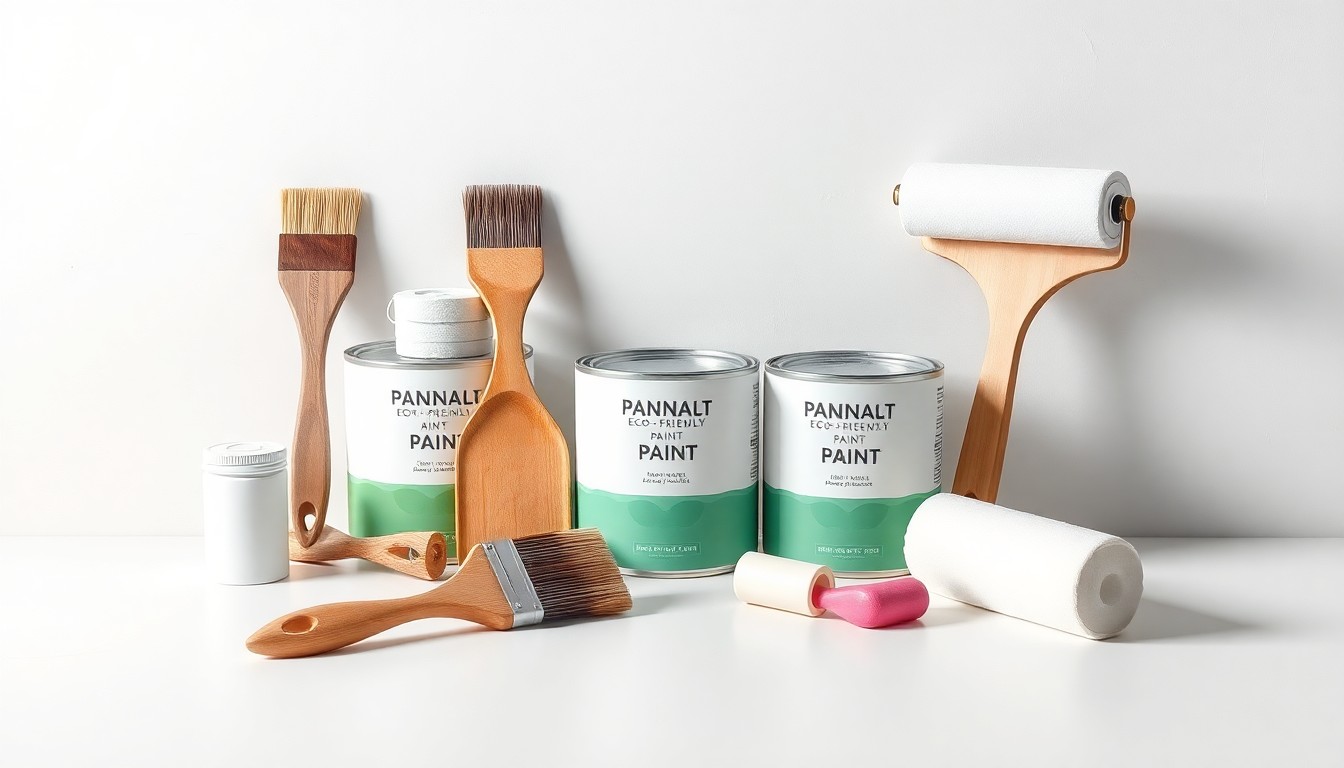 A high-end studio still life photograph featuring a collection of premium painting tools and supplies, including brushes, rollers, and cans of eco-friendly paint, arranged elegantly on a clean, monochromatic background, conveying the quality and attention to detail of Paint Craft Co.'s painting services.