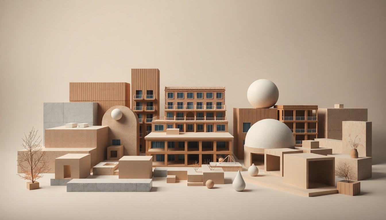 A high-end, photorealistic studio still-life photograph featuring a collection of abstract architectural models, building materials, and geometric shapes in muted earth tones and soft shadows, conceptually representing the key elements of a major mixed-use development project focused on affordable housing.