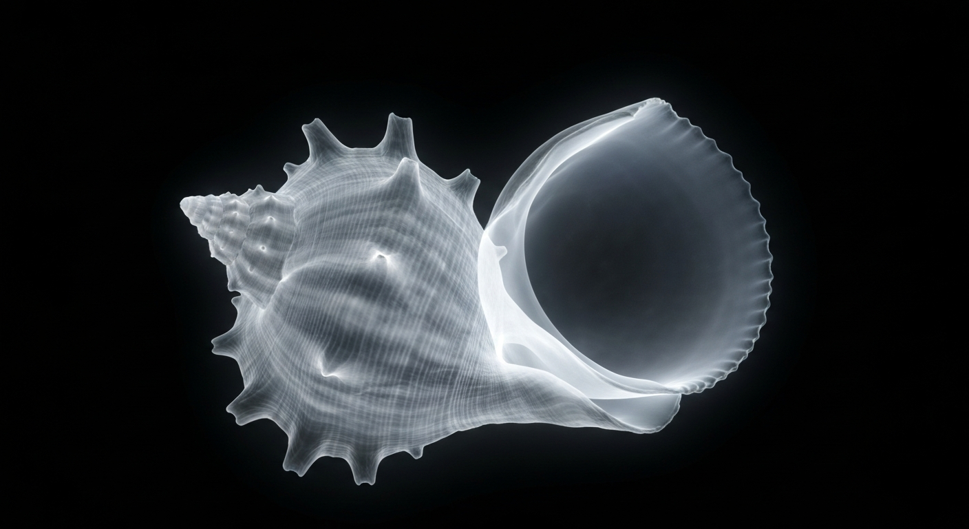 An extreme close-up X-ray photograph showing the delicate, ghostly internal structure of a seashell partially submerged in water, conceptually representing the hidden complexities of a coastal ecosystem.