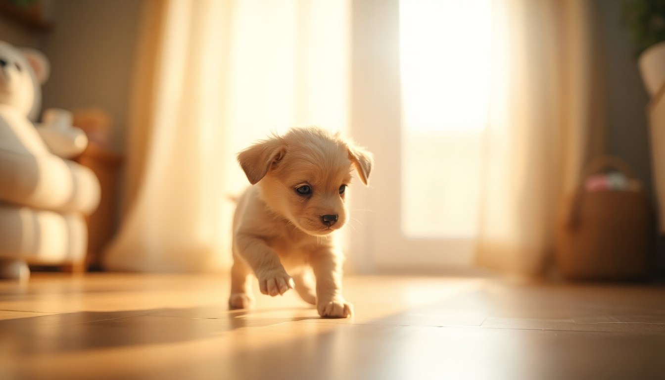 An extremely abstracted, out-of-focus photograph of a playful puppy or kitten, with soft pools of warm light and color creating a dreamlike, intimate atmosphere that captures the joy of pet adoption.