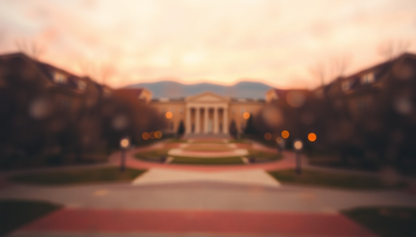 An impressionistic, out-of-focus photograph showing the blurred outlines of university buildings and trees, with the scene bathed in a warm, hazy glow, conceptually representing the transition and uncertainty facing Boise State.
