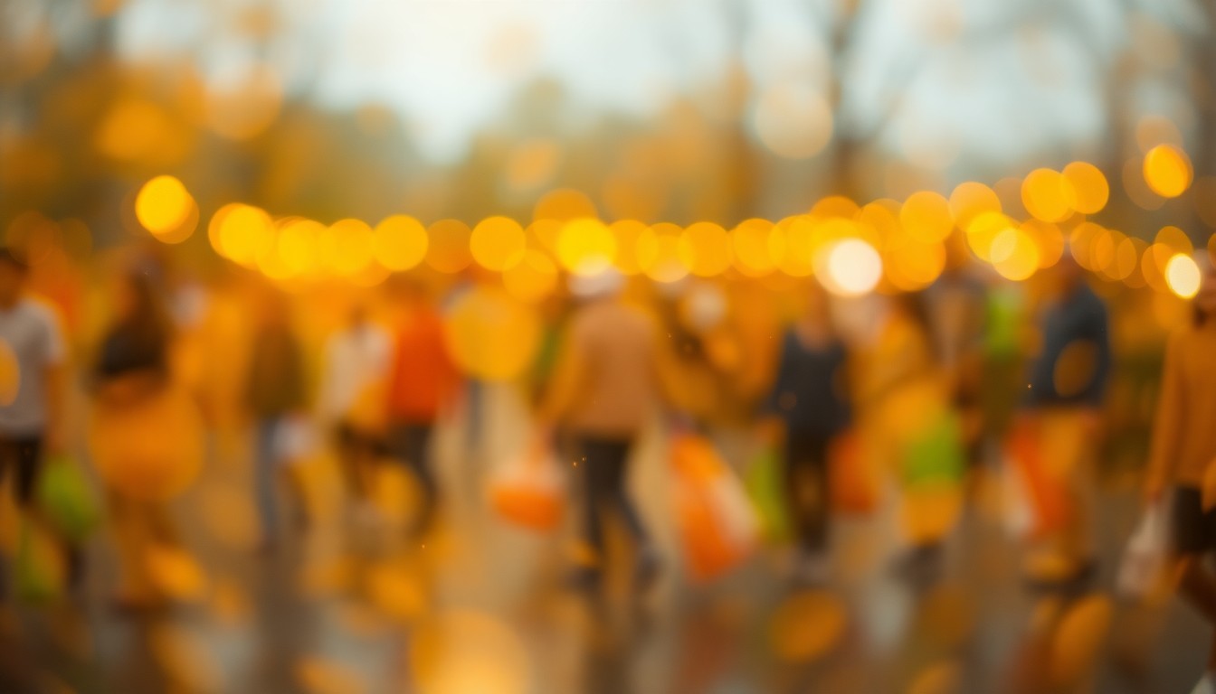 An abstract, impressionistic scene of blurred, overlapping pools of warm yellow, orange, and green light, conceptually representing the community energy and spirit of a local spring clean-up event.