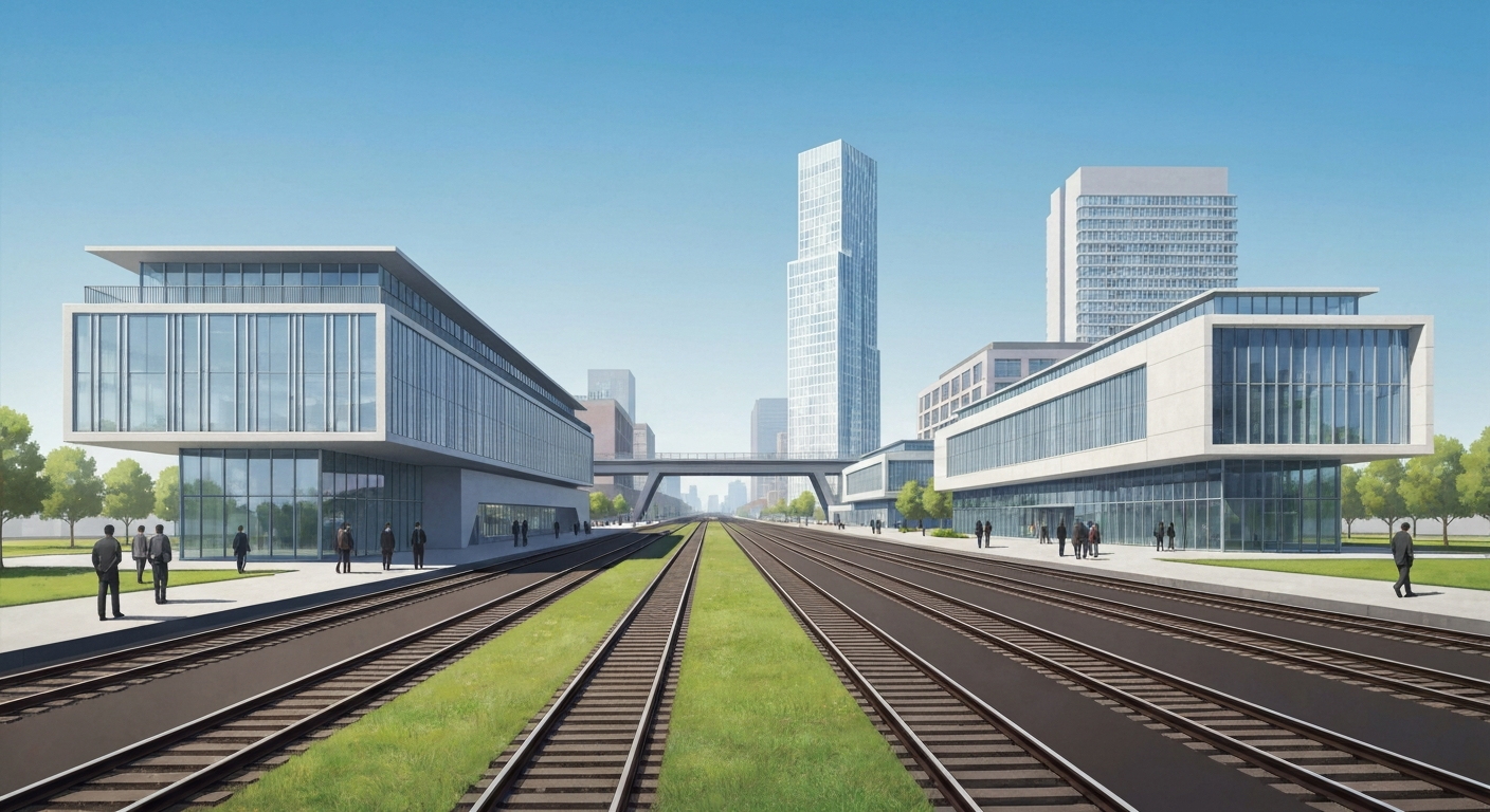 A highly stylized, geometric illustration depicting the towering forms of a modern commuter rail station and surrounding apartment buildings and commercial structures, rendered in smooth gradients of blues, grays, and metallic tones to capture the grand scale and sleek aesthetic of the new transit-oriented development.