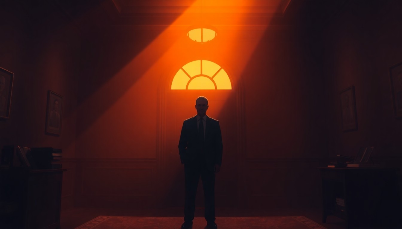 A dimly lit government office with a lone politician standing in the center, the space bathed in warm, diagonal sunlight and deep shadows, conceptually illustrating the transition of a local politician to state-level politics.