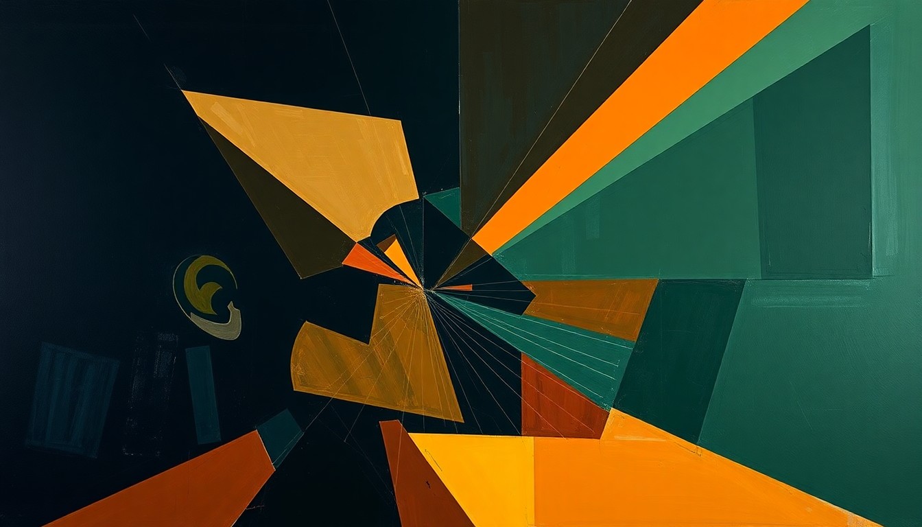 A cubist-style painting featuring fragmented geometric shapes in muted navy, green, and orange tones, conceptually illustrating the complexities and controversies surrounding female sports media professionals.