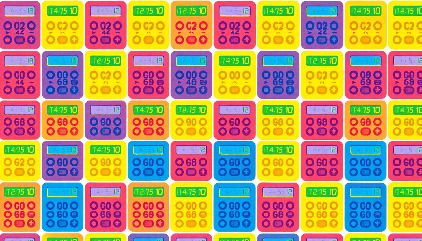 A bold, colorful silkscreen print featuring a repeating icon of a calculator, conceptually representing the mathematical prowess of the competing students.