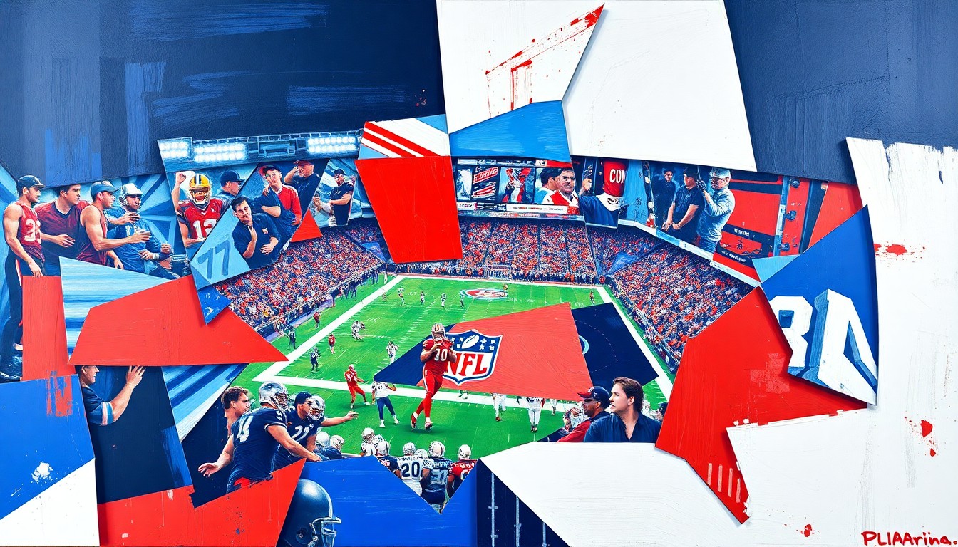 A cubist, geometric painting depicting fragmented football players, draft prospects, and team logos, conveying the multifaceted challenges facing the Texans this offseason.