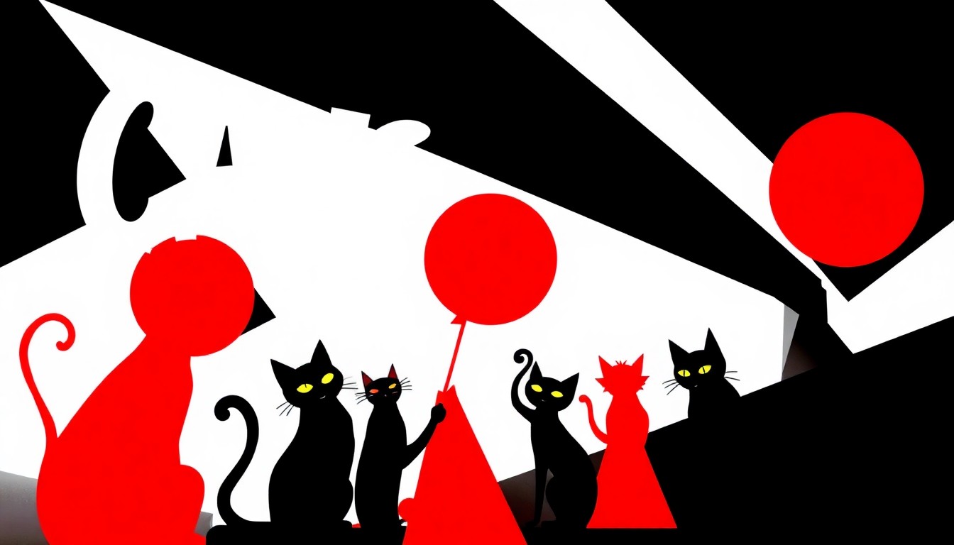 An abstract, minimalist illustration featuring bold, jagged shapes and high-contrast colors to conceptually represent the reimagined Broadway musical 'Cats: The Jellicle Ball.'