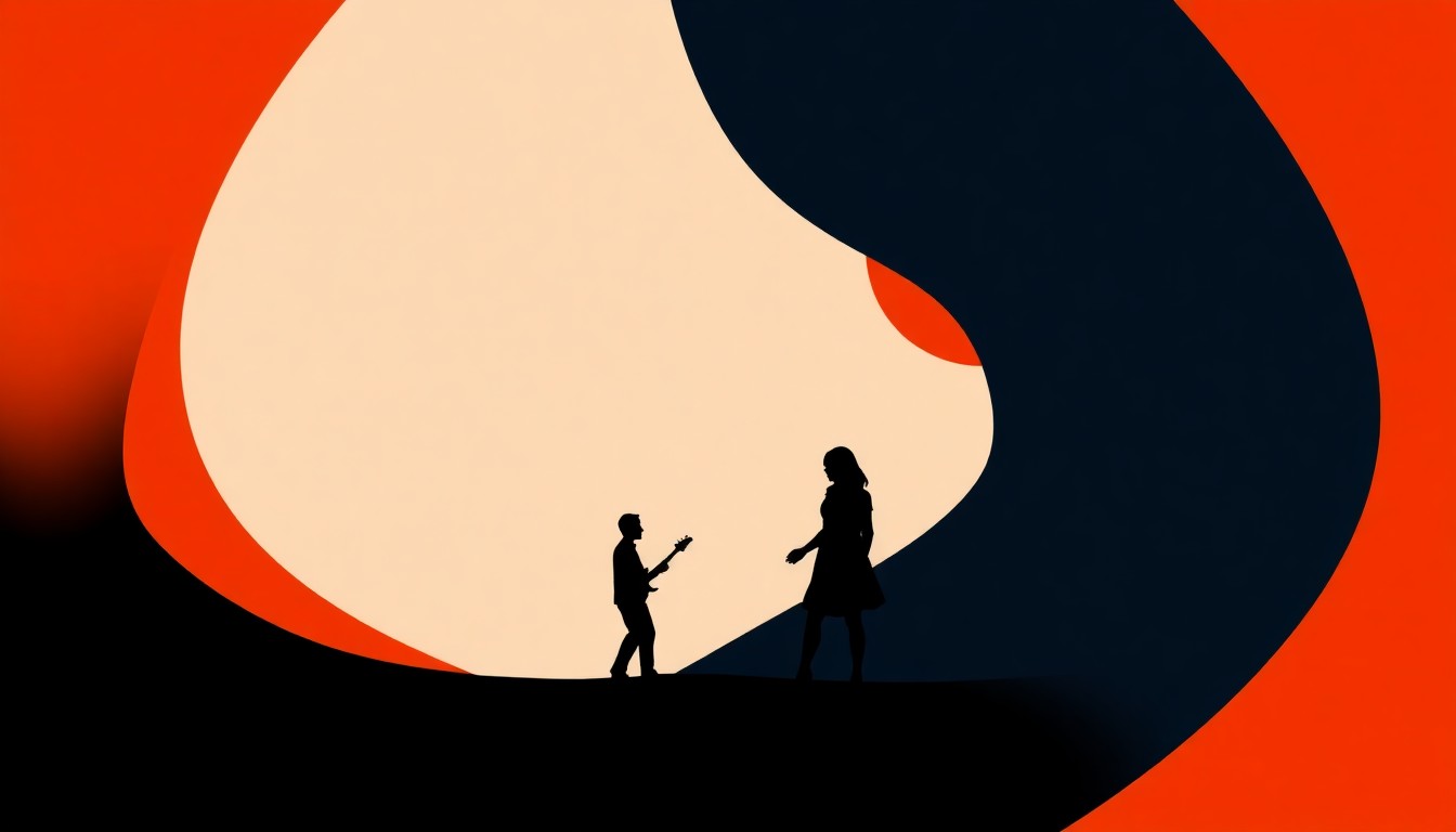 An abstract, minimalist illustration using bold black shapes and high-contrast colors like indigo and orange to conceptually represent the indie pop music of the band Touch Girl Apple Blossom.