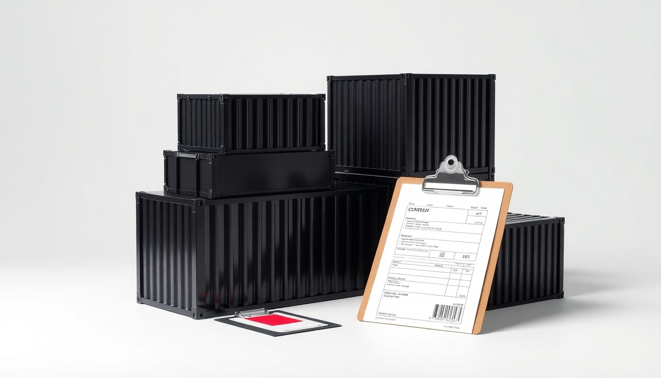 A photorealistic studio still life featuring a stack of black shipping containers, a silver clipboard, and a single red shipping label, arranged in a minimalist, high-end composition to conceptually represent supply chain optimization and transportation management software.