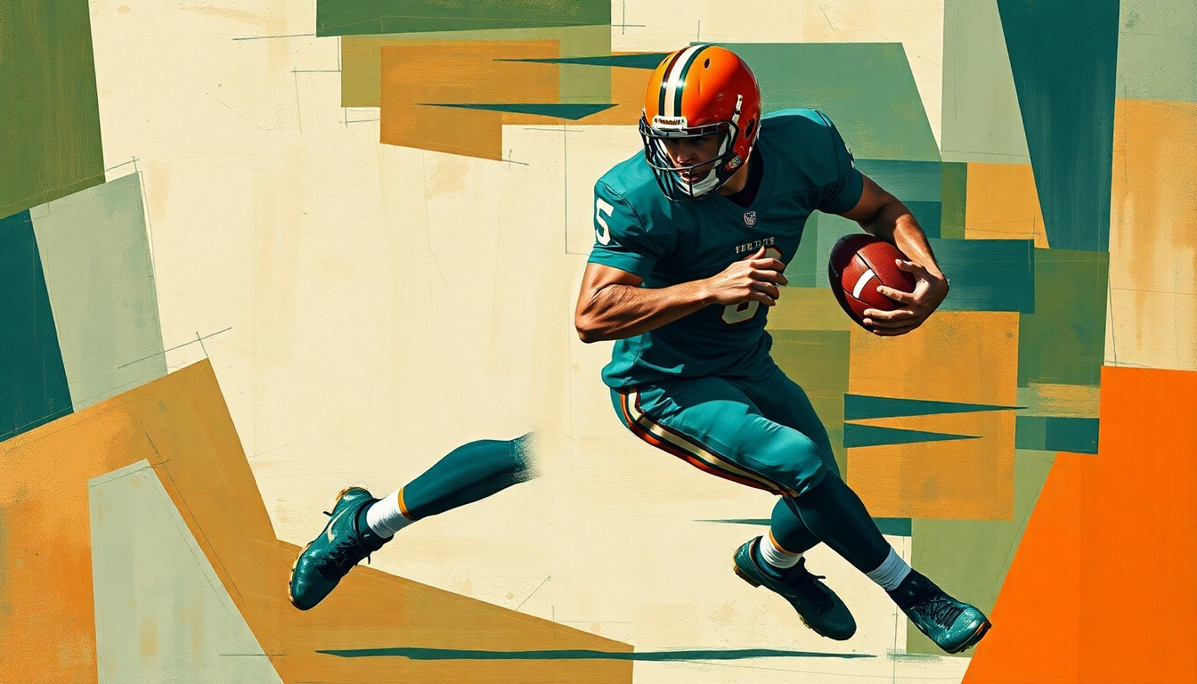 A fractured, multi-perspective painting depicting a football player in mid-route, their body and movements deconstructed into sharp, overlapping geometric planes in a palette of deep greens, burnt oranges, and steel blues, conceptually representing the complex dynamics of the Eagles' receiving corps.