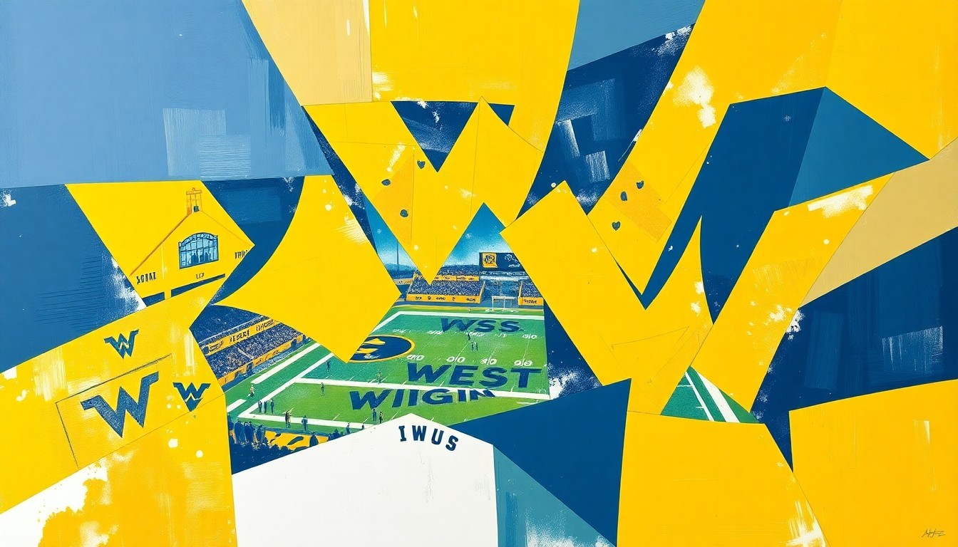 A cubist, geometric painting in shades of gold and blue, depicting fragmented and overlapping scenes of a college football spring game, capturing the dynamic atmosphere of the event.