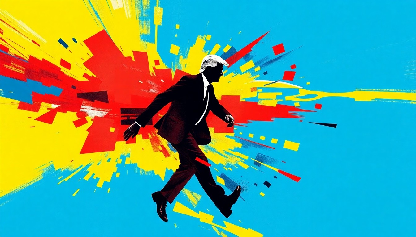 An abstract, energetic painting with overlapping geometric shapes and vibrant colors, conceptually representing the unpredictable nature of a reality TV personality running for Congress.