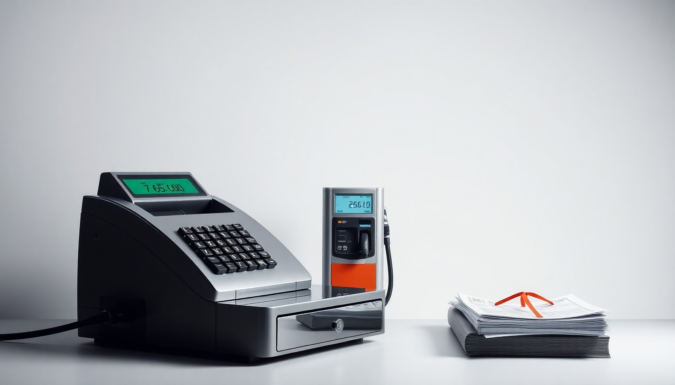 A high-end, photorealistic studio still-life photograph featuring a sleek metal cash register, a glass fuel pump, and a stack of financial documents, symbolizing the business and financial factors behind the planned 7-Eleven store closures.
