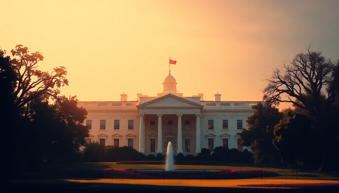 A serene, cinematic painting depicting the White House in warm, golden light, with the distant dome of the Vatican barely visible, conveying the tension between the political and religious realms.