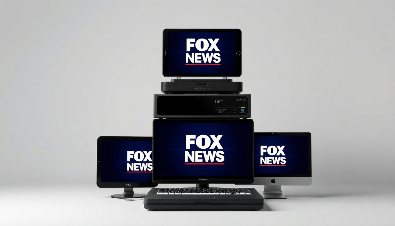 A minimalist studio still life photograph featuring a stack of sleek digital devices and screens displaying the FOX News logo, set against a clean, monochromatic background, conceptually representing the network's digital success and leadership.