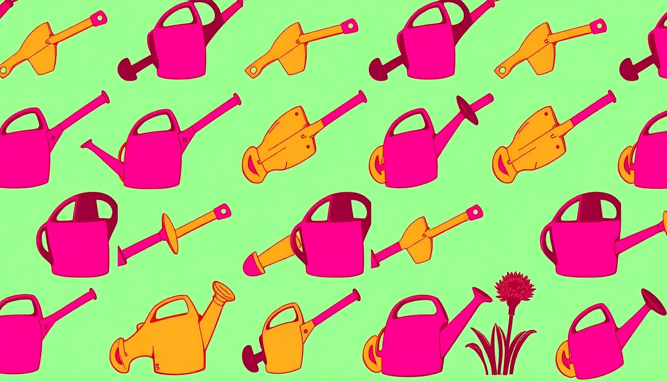 A brightly colored, high-contrast silkscreen print of a gardening trowel repeated in a tight grid pattern, capturing the vibrant and iconic nature of everyday landscaping tools.