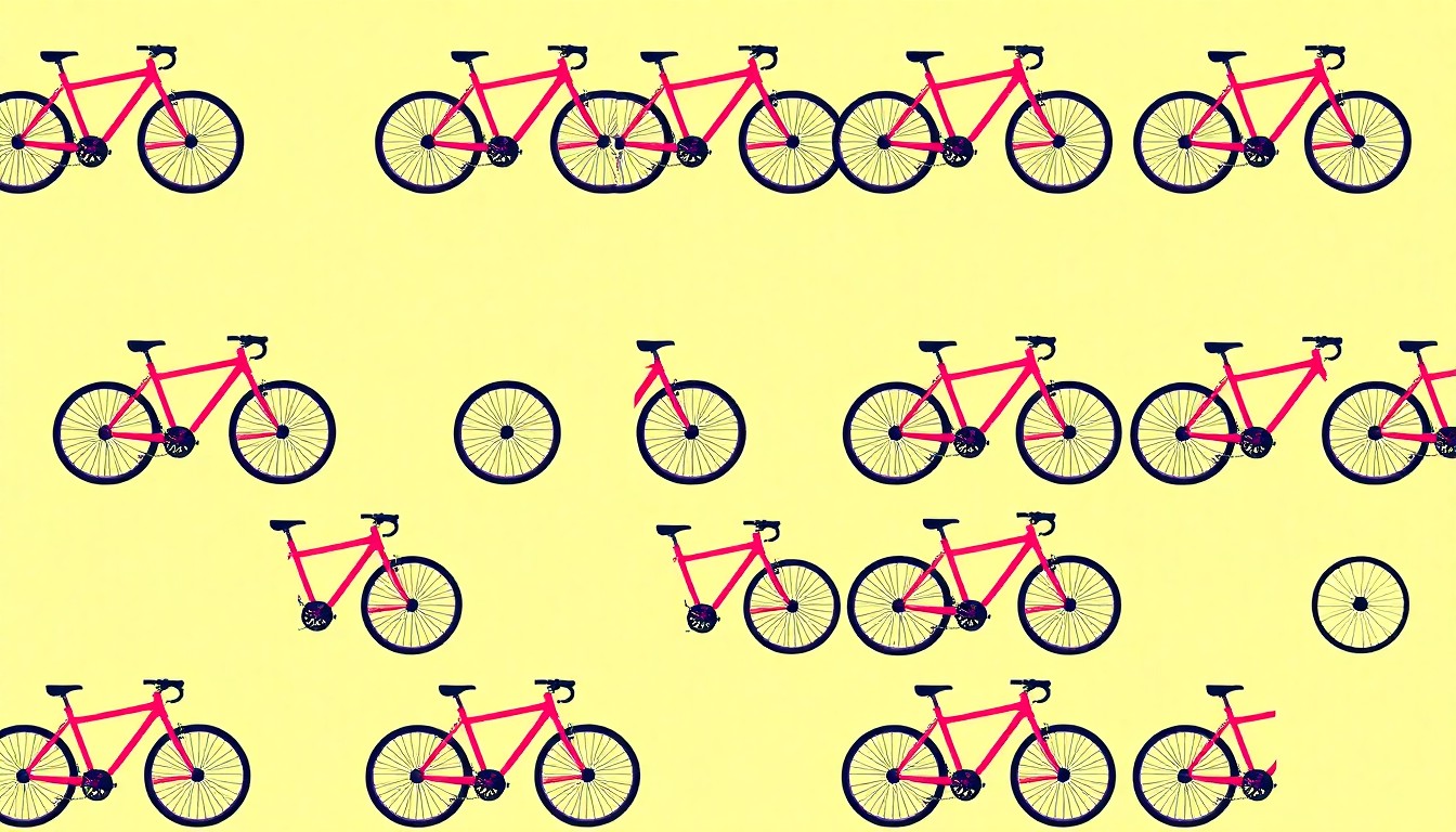 A bold, graphic illustration composed of a single bicycle icon repeated in a tight grid, rendered in a high-contrast silkscreen style with vibrant neon colors and heavy black outlines, conceptually representing the urgent need for cyclist safety in Austin.