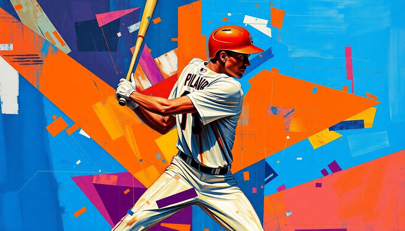 A cubist-style painting depicting a baseball player in motion, with their body and equipment broken down into sharp, overlapping geometric shapes in a vibrant color palette.