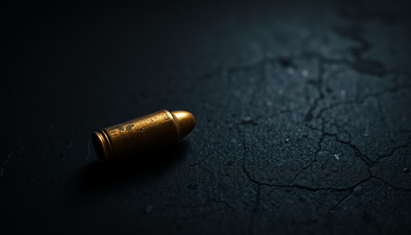 An extreme close-up photograph of a single spent bullet casing on a dark, textured surface, dramatically lit by a harsh camera flash to create a stark, gritty, investigative aesthetic.