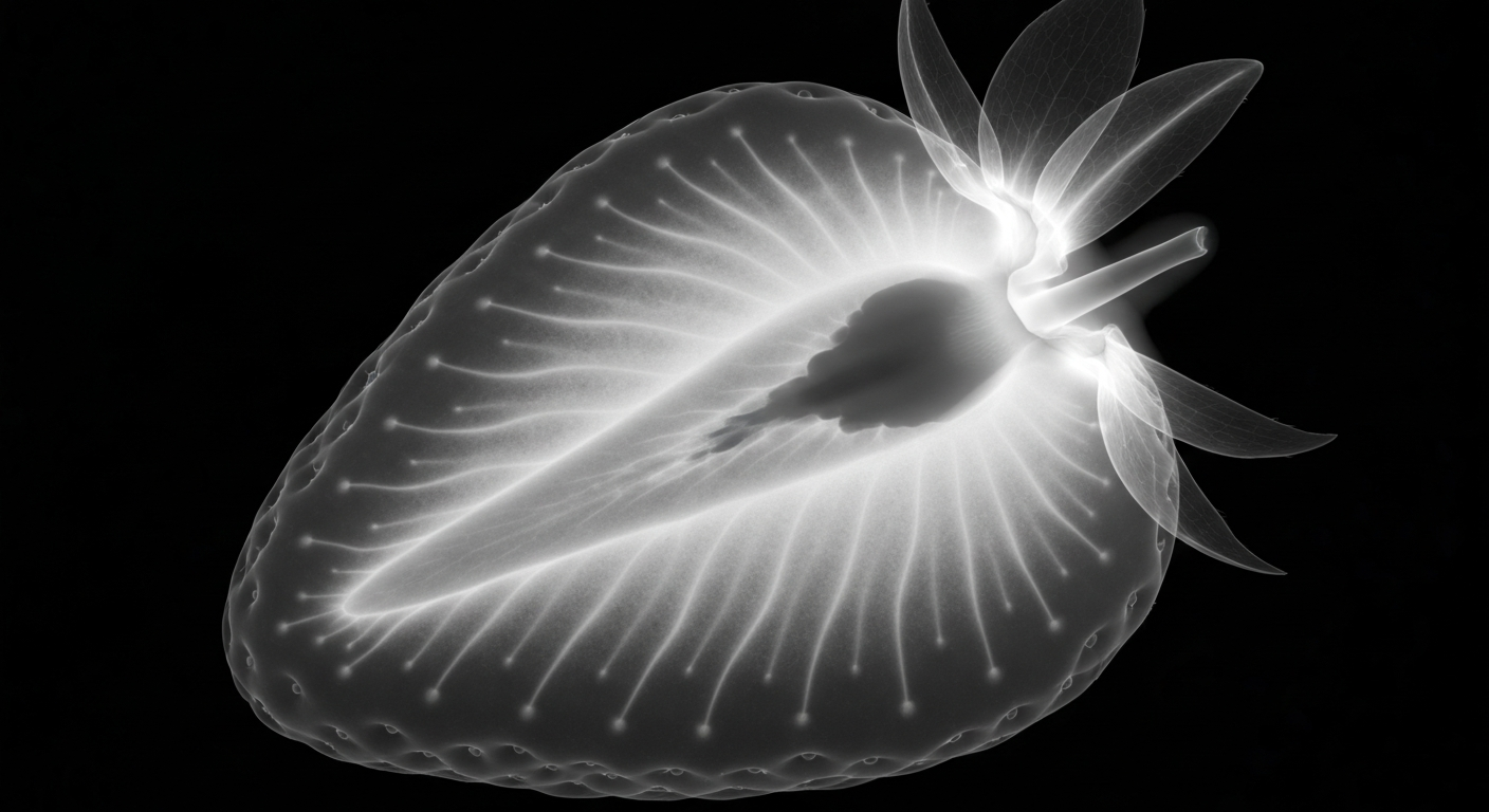 A translucent, ghostly X-ray image of a strawberry, showing the fruit's internal structure as glowing lines against a dark background.