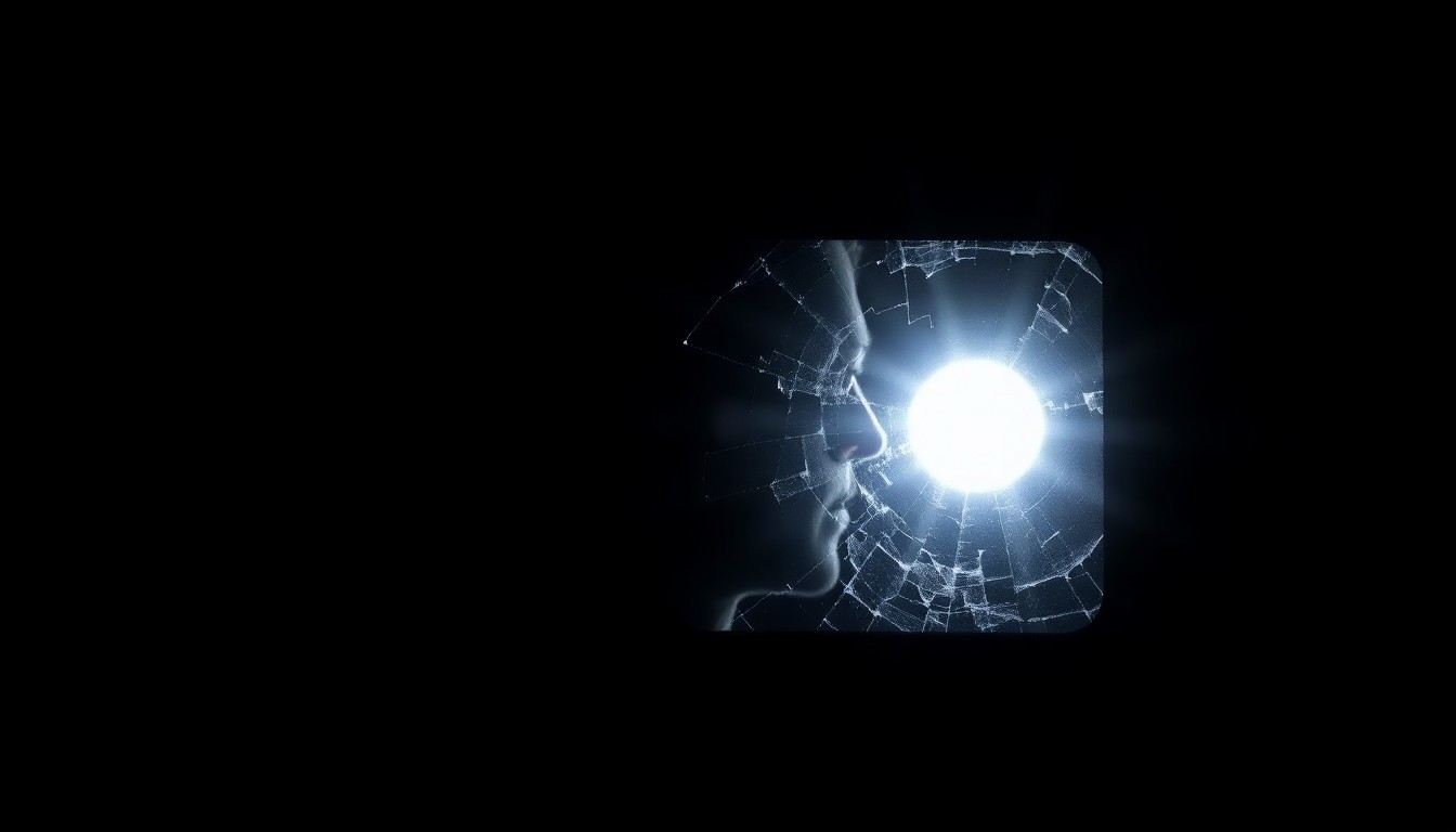 An extreme close-up photograph of a cracked smartphone screen reflecting the faint outline of a person's face, shot with a harsh, direct camera flash against a pitch-black background, conceptually representing the violent assault on a controversial YouTuber during a live broadcast.