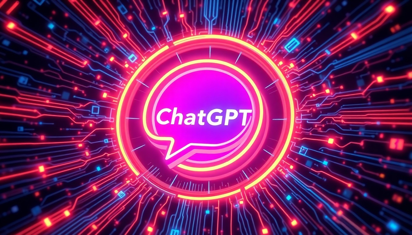 A highly detailed, 3D illustration of a glowing, neon-lit ChatGPT icon or logo, surrounded by a swirling array of digital data streams, circuit boards, and other cybernetic elements, conveying the power and complexity of AI-powered speech platforms.