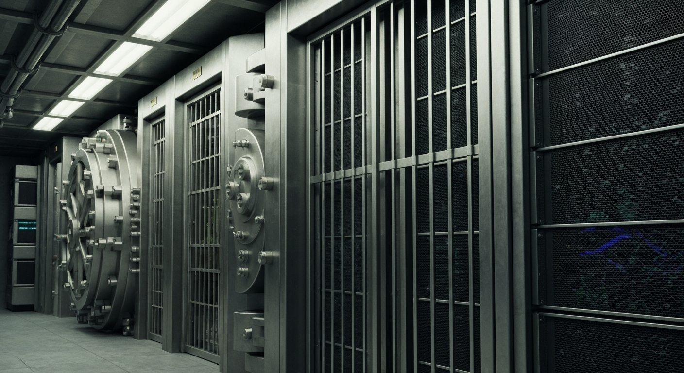 An extreme close-up of the heavy, industrial machinery and infrastructure that powers the global financial system, conveying a sense of security and institutional strength.