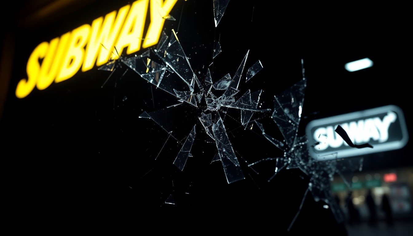 An extreme close-up photograph of shattered glass from a Subway restaurant window, capturing the dramatic texture and lighting to convey the sudden impact and disruption caused by the car crash.