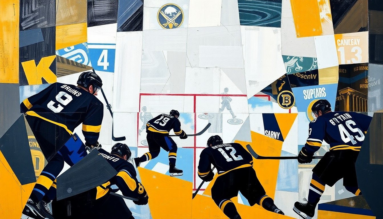 A cubist, geometric painting depicting a hockey game, with the players and action broken down into sharp, overlapping planes of color representing the Bruins and Sabres teams.