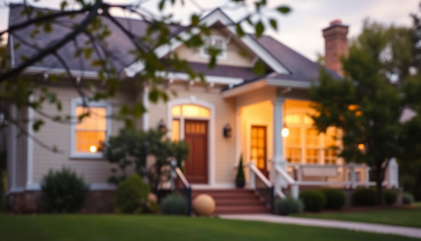 An extremely abstracted, out-of-focus photograph of the exterior of a Craftsman-style home, with the front porch and landscaping visible in soft, warm pools of light and color.