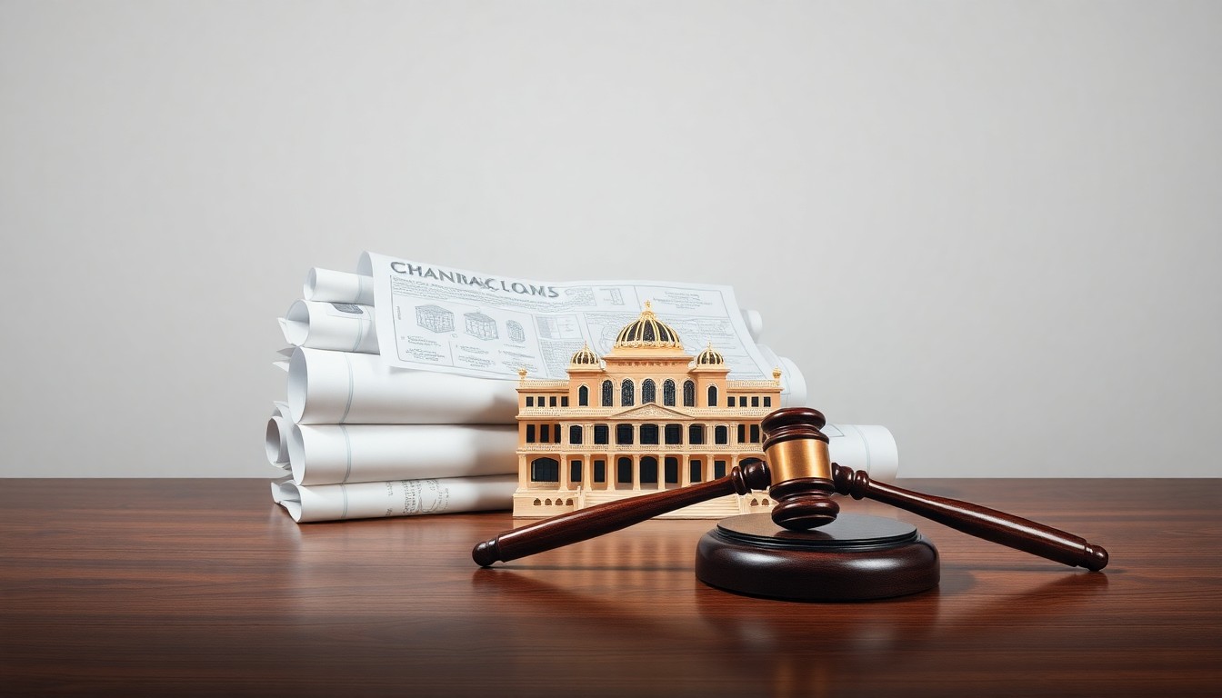 A photorealistic studio still life featuring architectural blueprints, a casino building model, and a gavel, arranged elegantly against a clean, monochromatic background to symbolize the legal complexities surrounding tribal gaming projects.