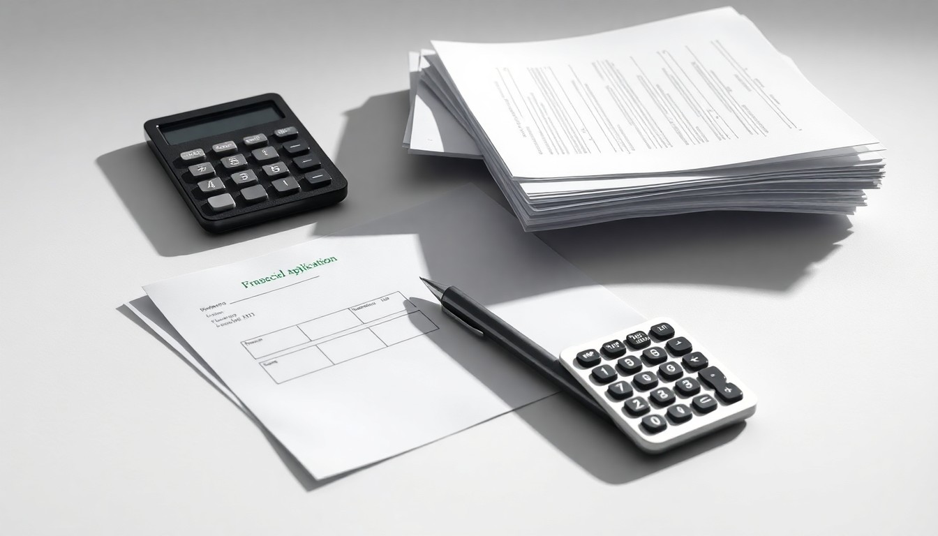 A photorealistic studio still life featuring a collection of office supplies and financial documents arranged neatly against a clean, monochromatic background, conceptually representing the careful planning and attention to detail required for small businesses to navigate the grant application process.