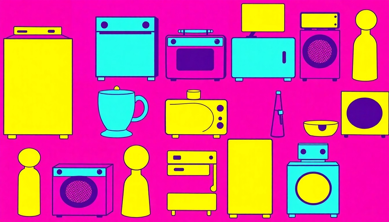 A high-contrast silkscreen print in neon colors depicting a repeated pattern of a kitchen appliance or household item, conceptually representing the refreshed and stylish interior of the Borger, Texas home.