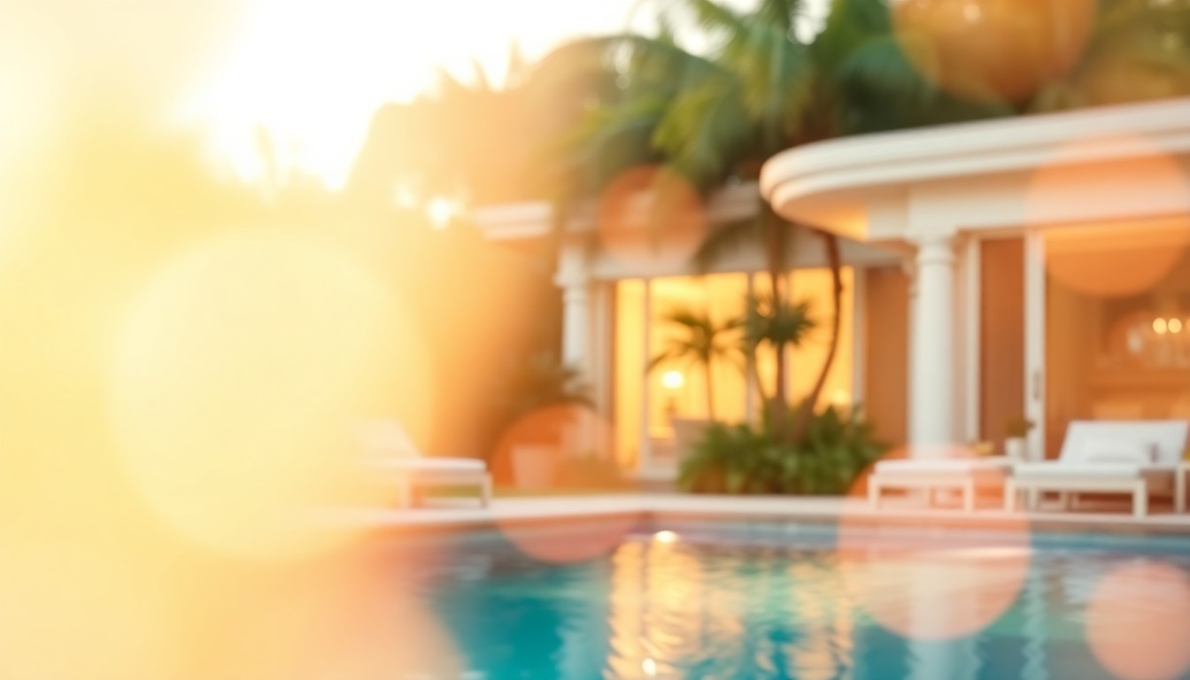 An extremely abstracted, out-of-focus photograph in warm tones featuring glimpses of a luxurious home exterior, lush greenery, and a shimmering swimming pool, conveying a sense of tranquility and understated elegance.
