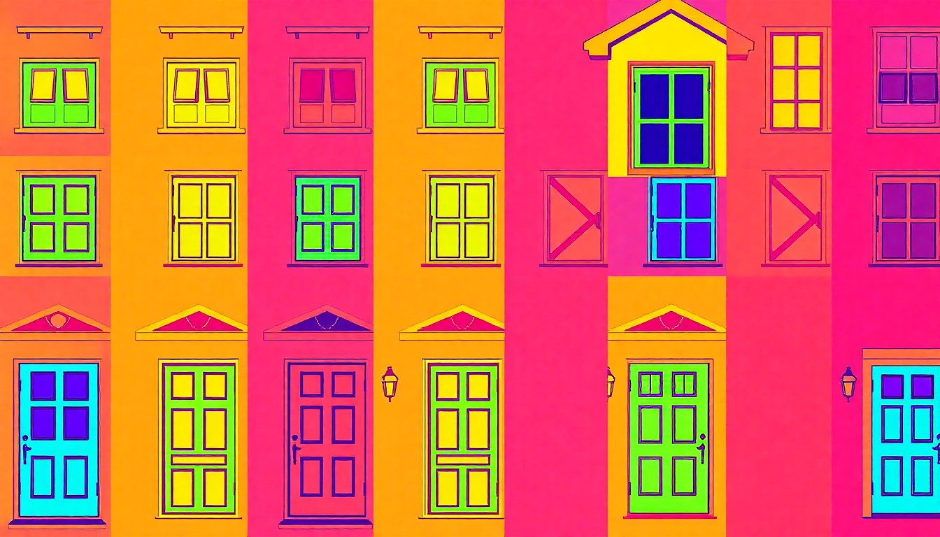 A highly stylized, silkscreen-inspired illustration featuring a repeated pattern of a single, iconic home exterior object like a front door or window, rendered in a bold, neon color palette with heavy black outlines, conceptually representing the modern, eye-catching appeal of this suburban Holt residence.