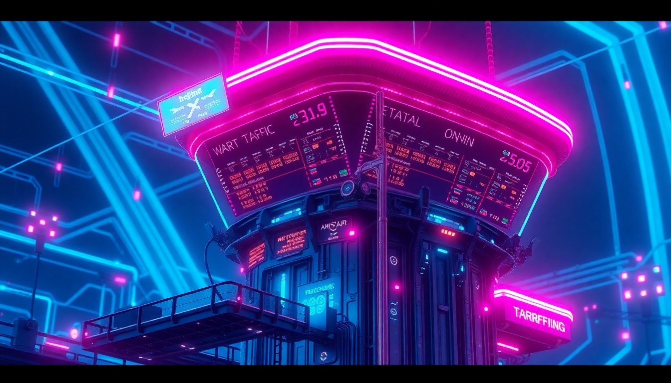 A highly detailed, glowing 3D illustration of a futuristic air traffic control tower, with neon cyan and magenta lights illuminating the complex infrastructure and digital displays. The tower is surrounded by a network of luminous cybernetic cables and circuits, representing the advanced technology powering air traffic control systems.