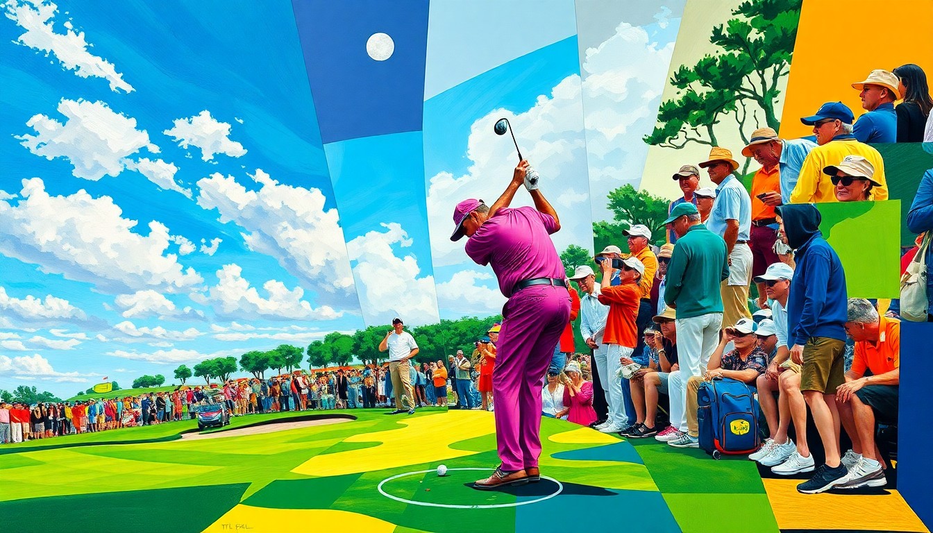 A fractured, cubist-style painting depicting Rory McIlroy's chip-in on the 17th hole at the 2026 Masters, with the golf course, sky, and crowd broken down into sharp, overlapping geometric shapes and planes of vibrant color.