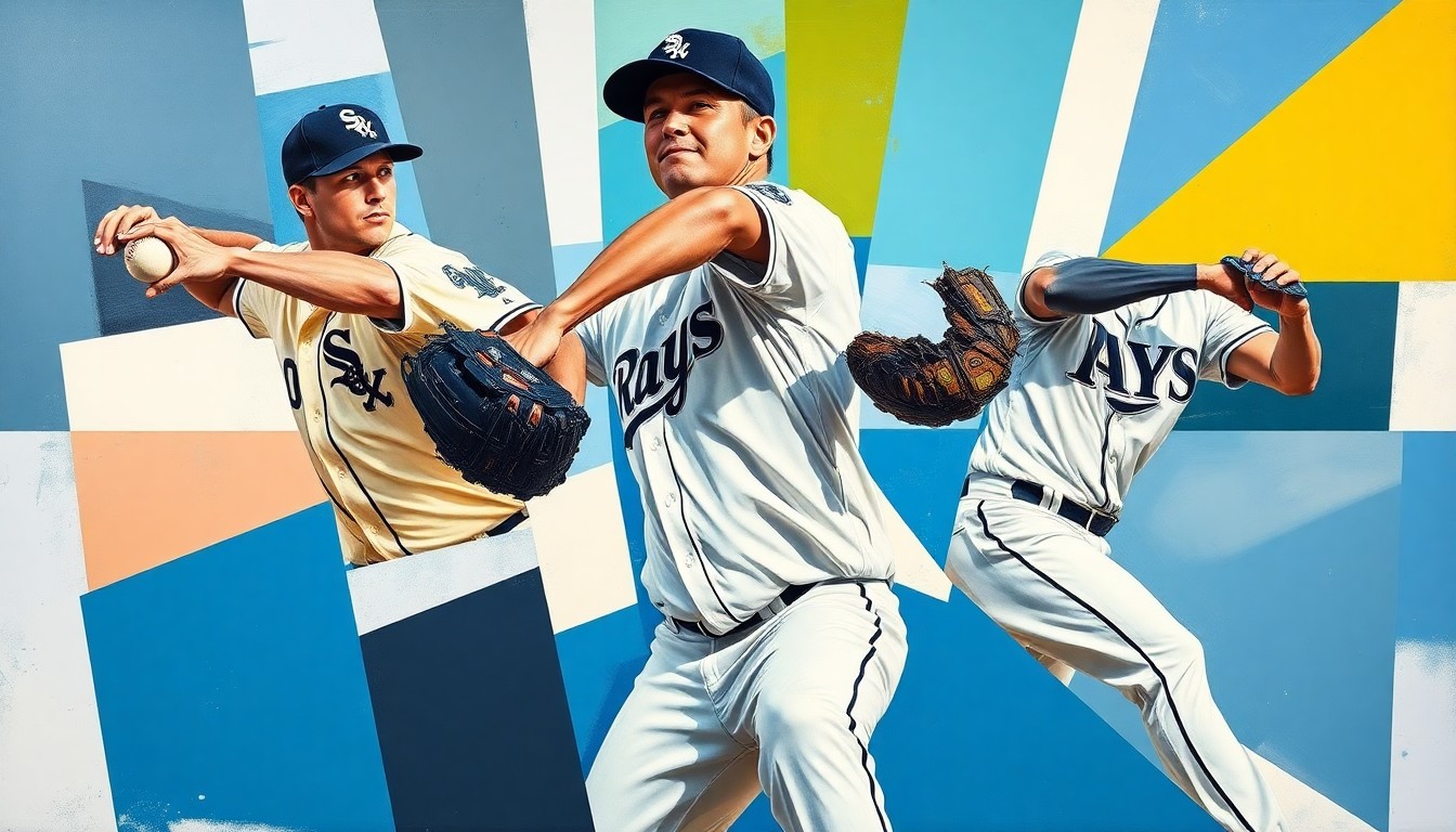 A fractured, geometric painting depicting the motion of a baseball pitcher's windup and delivery, with sharp overlapping planes in the colors of the White Sox and Rays uniforms, conveying the raw energy and tension of a young pitcher's uneven MLB debut.