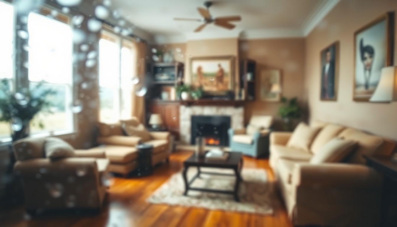 An abstract, impressionistic scene of a warm, softly lit interior with hardwood floors, plush furniture, and natural light filtering through windows, conveying a sense of comfort and inviting ambiance.