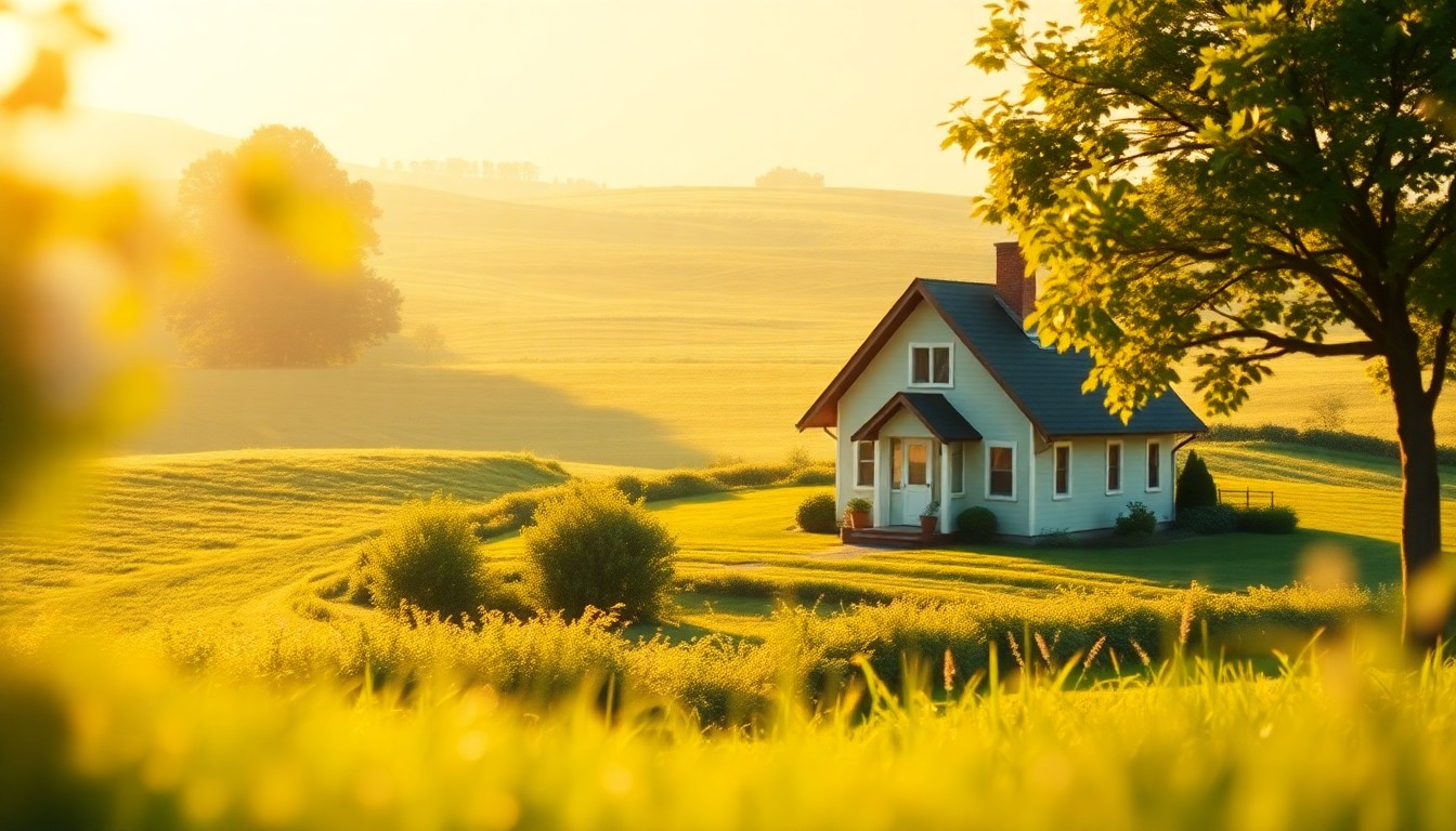 An extremely abstracted, out-of-focus photograph of a cozy country home surrounded by rolling green fields, composed entirely of soft pools of warm, golden light and color.