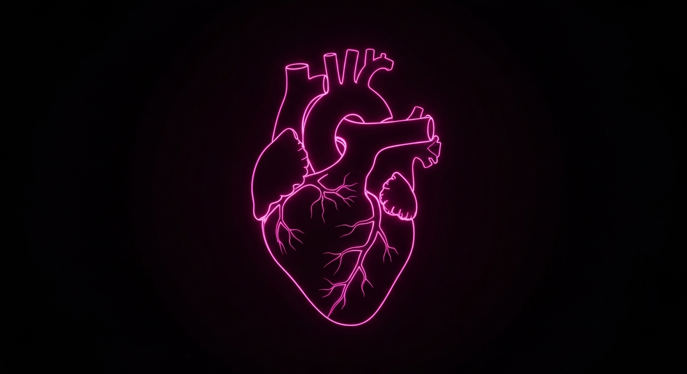 A vibrant neon outline of a human heart, glowing with energy against a dark background, conceptually representing the empowerment of patients through secure, portable access to their medical records.
