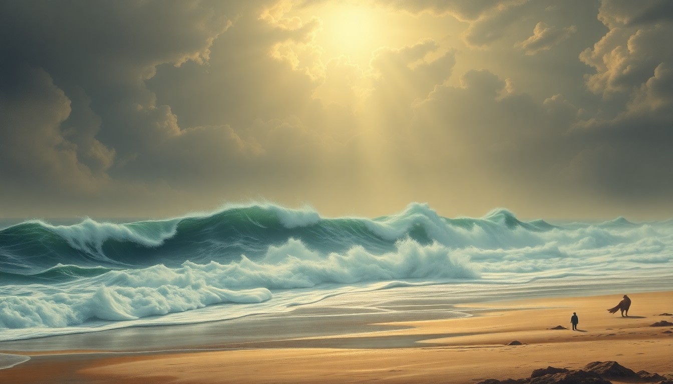 A vast, majestic landscape painting depicting a sun-drenched beach scene, with the powerful, churning ocean waves dominating the frame and dwarfing any physical objects or structures in the scene, conveying the overwhelming, sublime scale of the natural world.