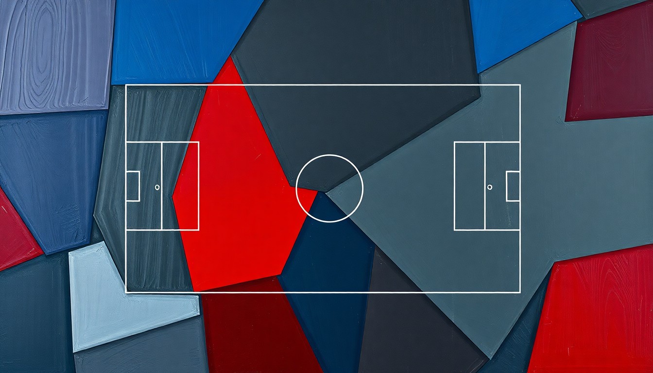 A cubist-style painting depicting a fragmented, geometric representation of defensive players in a secondary formation, using bold colors to convey the dynamic nature of the position.