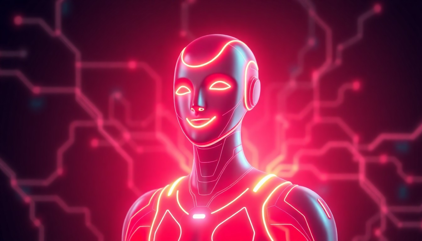 A glowing, neon-lit 3D illustration of a friendly, humanoid digital assistant surrounded by pulsing lines of code, representing an AI-powered matchmaking process.