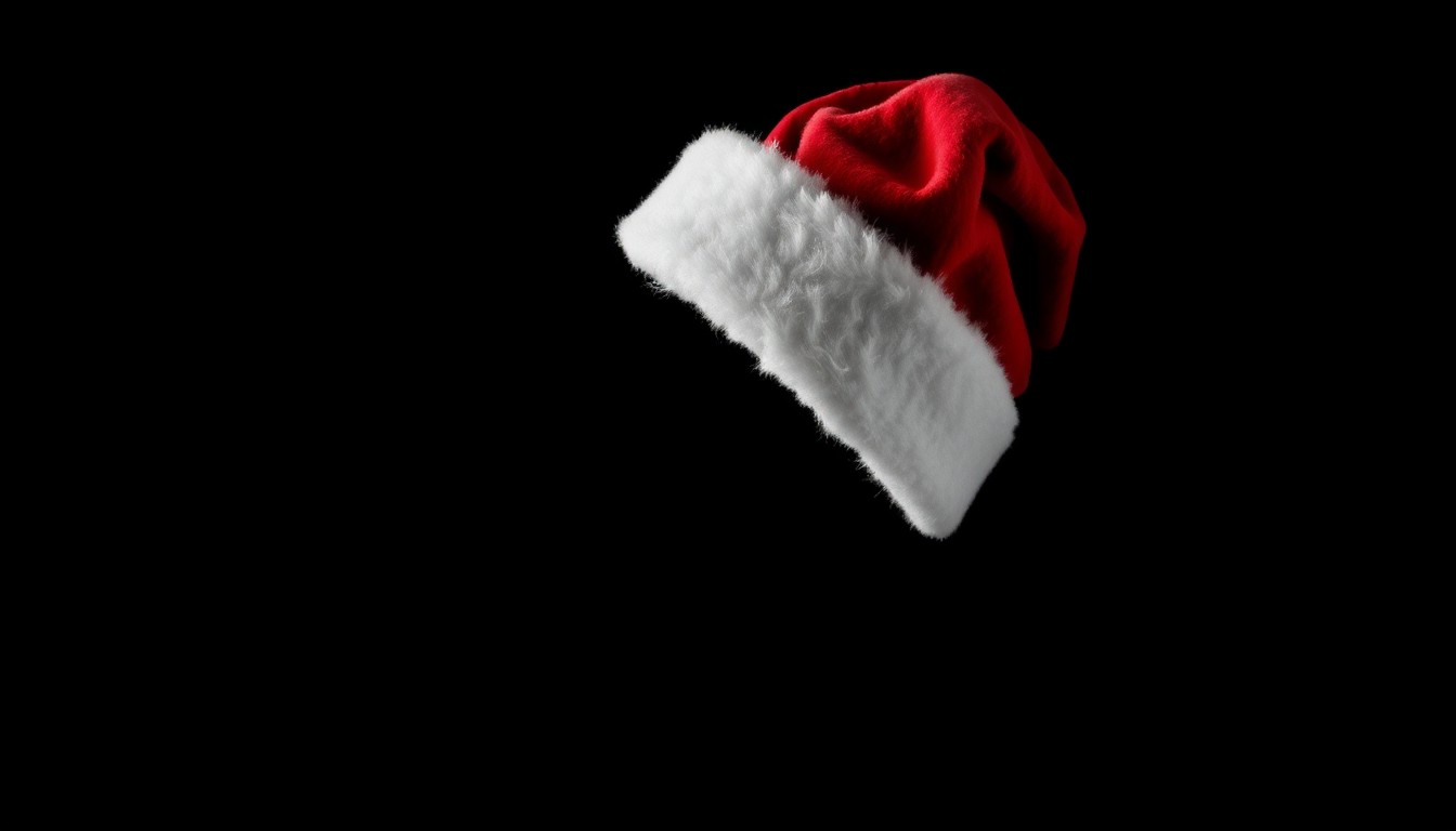 An extreme close-up of a crumpled Santa hat against a stark black background, the harsh flash creating dramatic shadows and textures that convey a sense of betrayal and disappointment.
