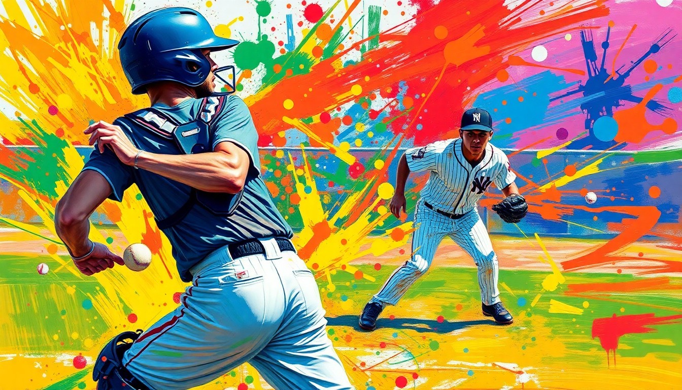An abstract, expressionist painting in vibrant neon colors depicting the dynamic motion and energy of a softball game, with the catcher's gear and umpire's uniform dissolving into bold brushstrokes.