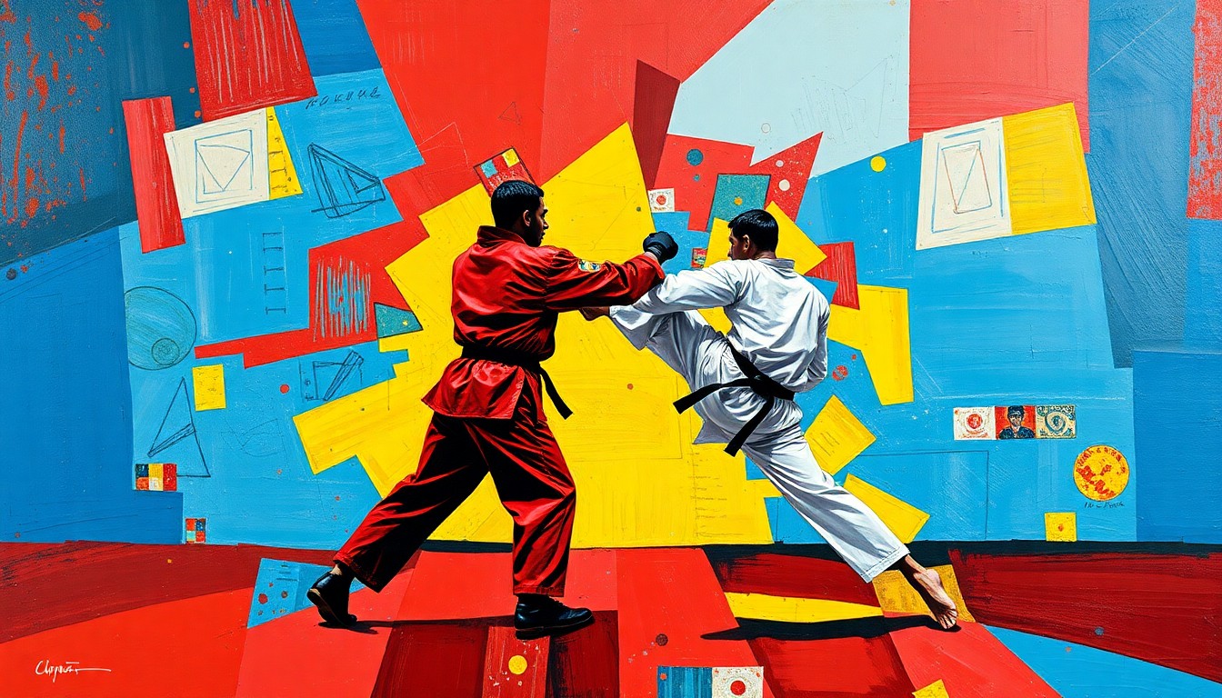A fractured, cubist-style painting depicting the intense action and movement of a karate match, with sharp geometric shapes and planes in bright primary colors conveying the raw power and athleticism of the sport.