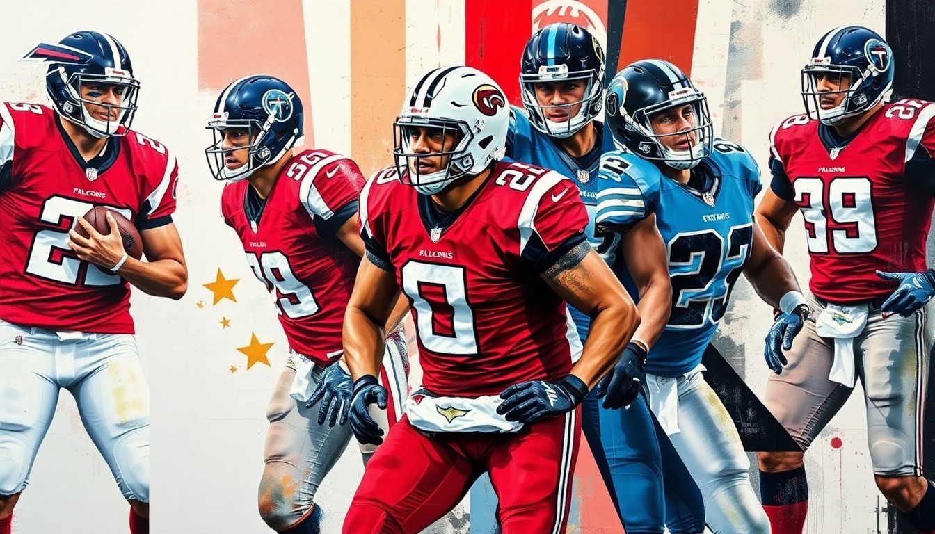 A cubist, geometric painting depicting fragmented NFL players in various uniform combinations, using the vibrant team colors of red, blue, white, and black to capture the dynamic energy of the sport.