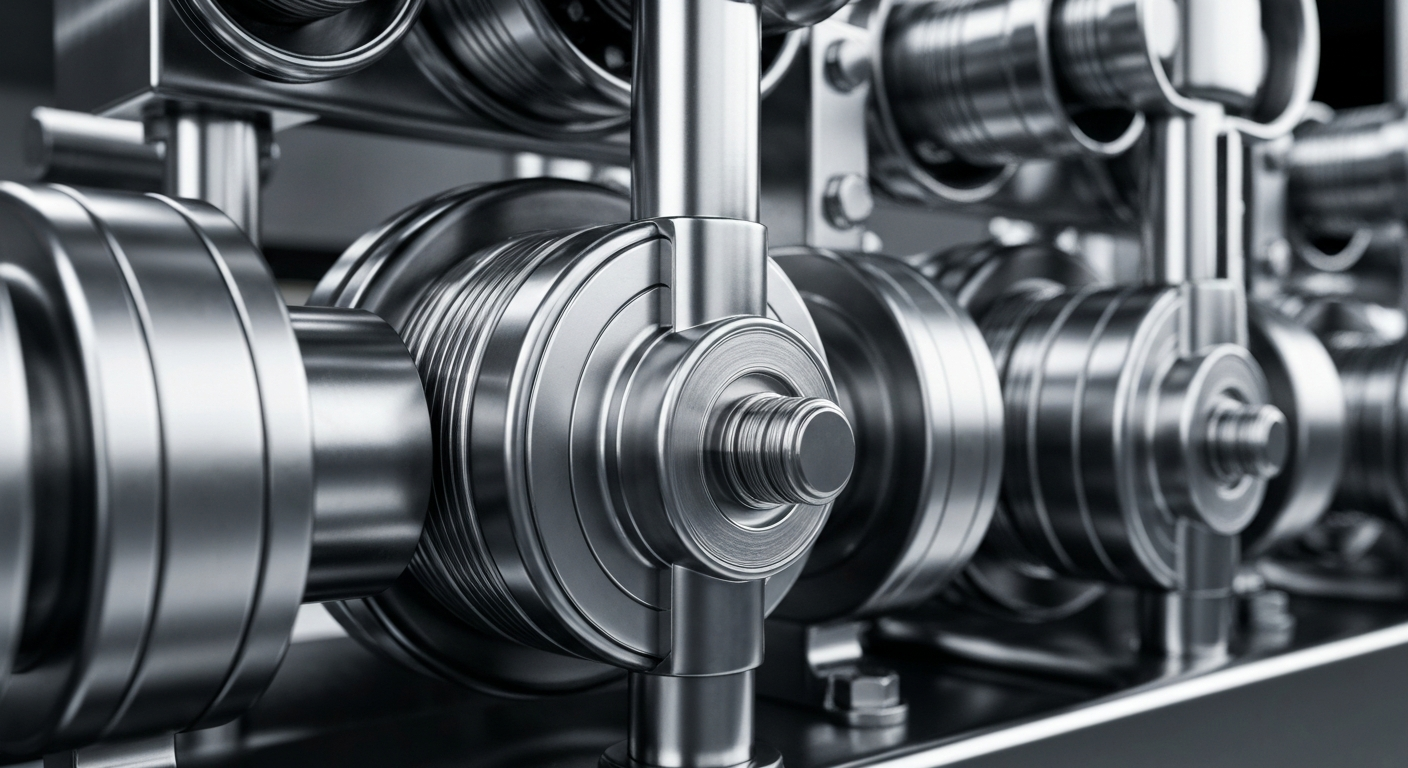 An extreme close-up of intricate, interlocking metal gears and mechanisms, conveying the complex, industrial nature of the financial sector.